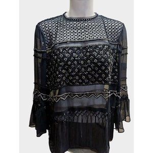 Elie Tahari Boho Black Top Womens Medium Lg Sheer Silk Beaded Fringe Aislin Lace